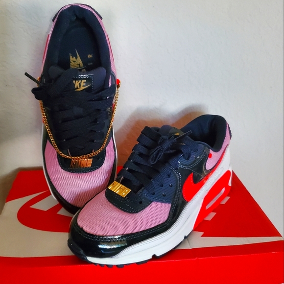 Nike Shoes - Nike Air Max 90 Sneakers White Bright Crimson-Obsidian Lavender with Cuban Link